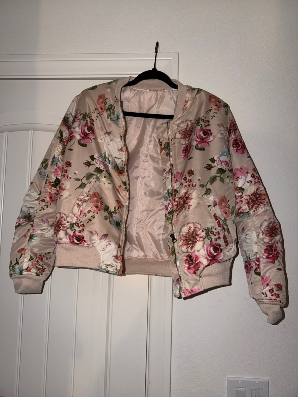 Stella Tweed Floral Satin Bomber Jacket Women’s Medium Pink Rose Print